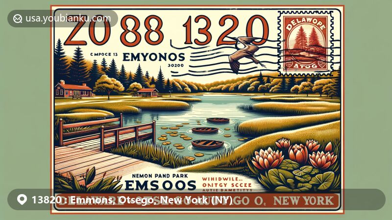 Modern illustration of Neahwa Park, Emmons Pond Bog, and Delaware-Otsego Audubon Society in Emmons, Otsego, New York, blending natural beauty and cultural landmarks with postal motifs like vintage postmark and postage stamp featuring ZIP code 13820.