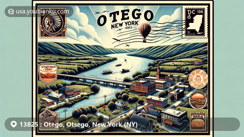 Modern illustration of Otego, Otsego, New York (NY), highlighting the historical significance and natural beauty of the area with Susquehanna River, Otsdawa Creek, Interstate 88, Revolutionary Army Camp, Calder Hill, Mount Zion, Lake Misery, and vintage postcard featuring ZIP code 13825.