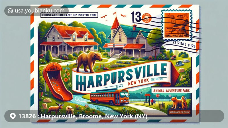 Modern illustration of Harpursville, New York, combining natural beauty and cultural vibrancy with elements of postal theme including stamp, postmark, and ZIP code 13826.