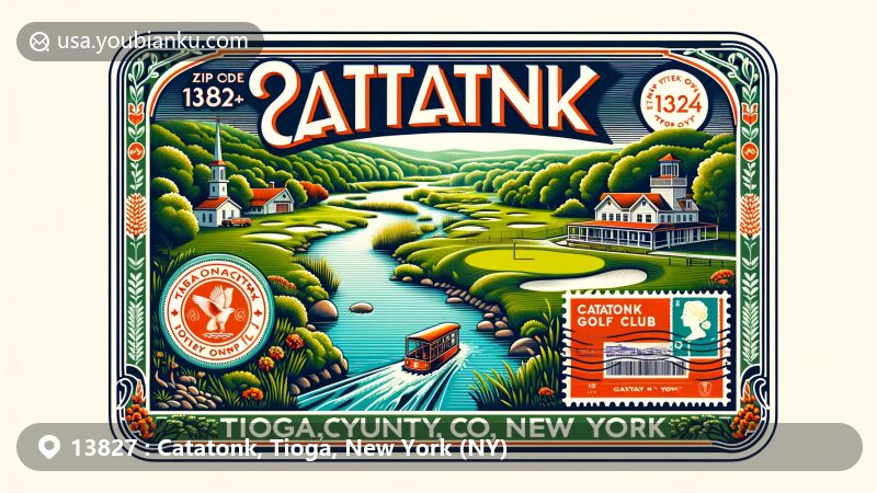 Modern illustration of Catatonk, Tioga County, New York, capturing the essence of the area with Catatonk Creek, rolling hills, greenery, and historic landmarks, presented in an air mail envelope with ZIP code 13827.
