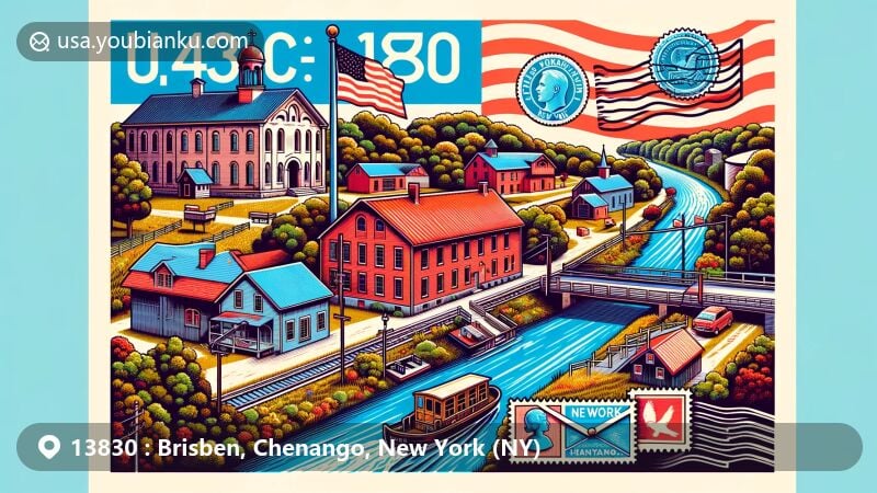 Modern illustration of Brisben, Chenango County, New York, with postal theme showcasing ZIP code 13830, featuring Chenango Canal, historical barn and schoolhouse, vibrant postcard layout, New York state flag.