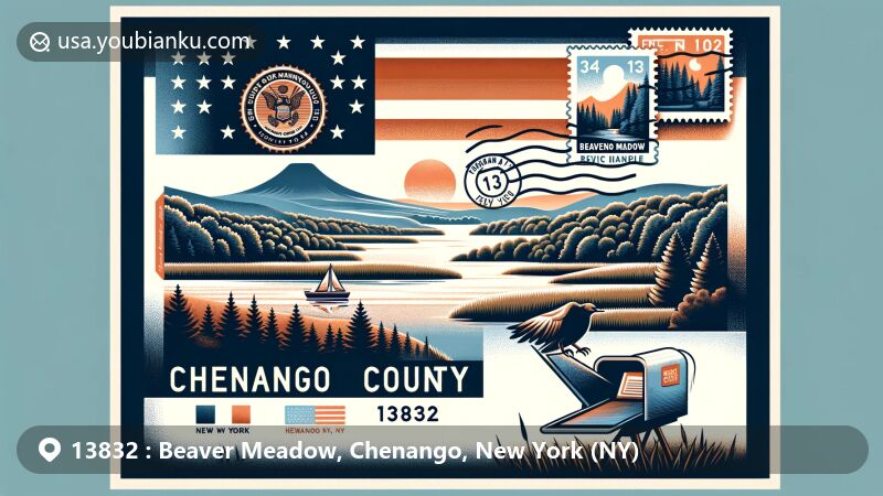 Modern illustration of Beaver Meadow, Chenango County, New York, featuring stylized airmail envelope with ZIP code 13832 and stamp depicting serene Chenango landscape. Postmark reads 'Beaver Meadow, NY'. Background merges New York state flag with countryside beauty of Chenango.