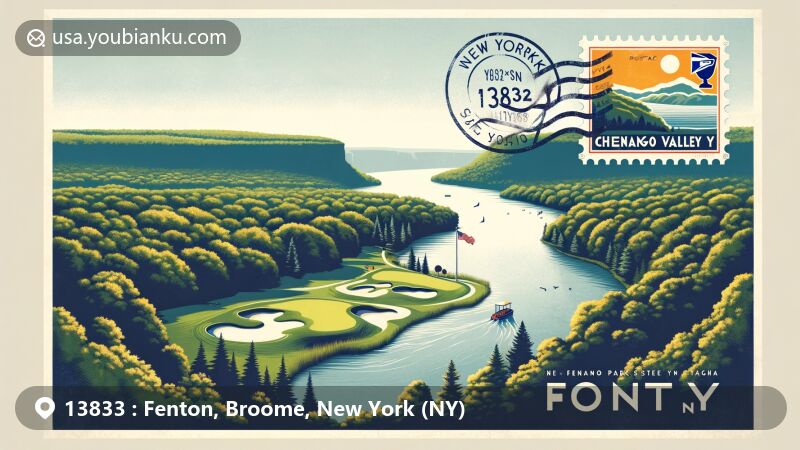Modern illustration of Fenton, NY, featuring creative postal postcard with Chenango Valley State Park elements like forest-covered golf course and scenic lakes, incorporating Chenango River outline and New York state symbols.