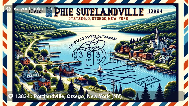 Modern illustration of Portlandville, Otsego, New York, highlighting postal theme with ZIP code 13834, featuring Susquehanna River and Goodyear Lake.