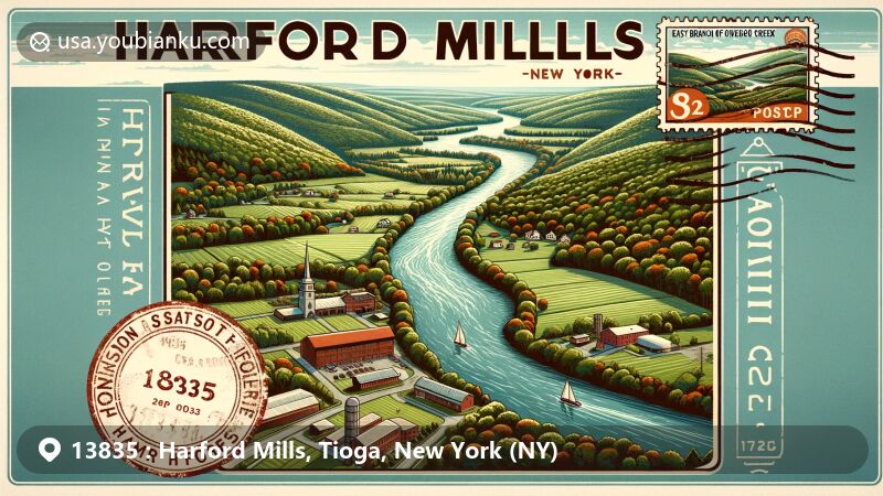 Modern aerial view illustration of Harford Mills, New York, showcasing rural charm, natural beauty with East Branch of Owego Creek, rolling hills, dense forests, Robinson Hollow State Forest, and vintage stamp with ZIP code 13835.