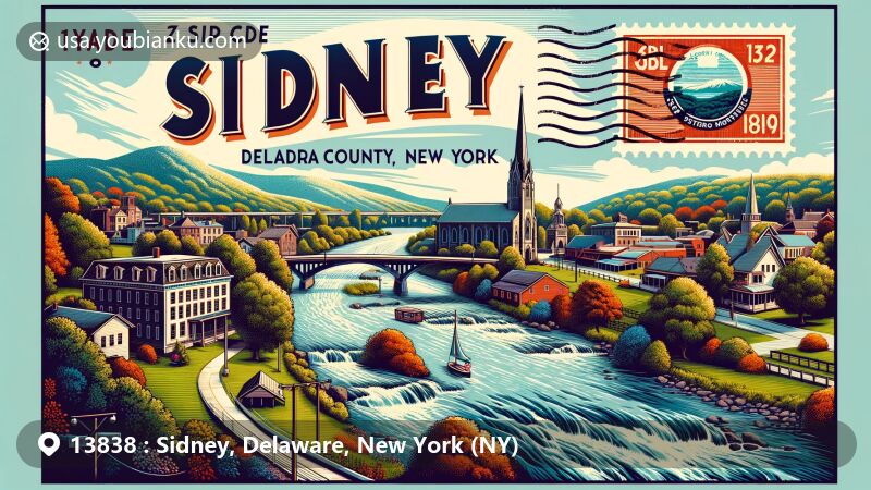 现代插图展示了代表纽约州德拉瓦县的Sidney地区，邮政编码13838。画面中有Susquehanna River贯穿镇中，Catskill Mountains山脚下的绿地，以及“Sidney”镇的名称。边缘有明信片风格的装饰，包括NY州旗帜邮票和13838邮政编码标记。突出展示了该镇的自然美和现代魅力。