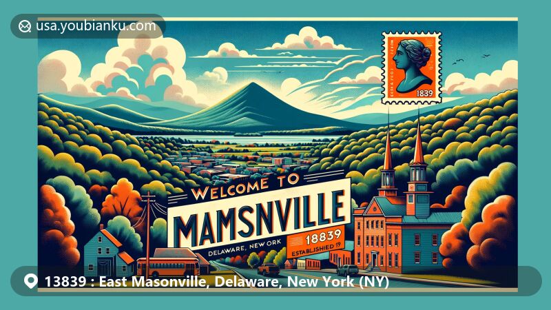 Modern illustration of East Masonville, Delaware County, New York, highlighting Western Catskill Mountains' natural beauty and elevation, featuring vintage postcard theme with 'Welcome to Masonville. Established 1811.' inscription, and a stylized envelope with Catskill Mountains stamp and '13839' postal markings.