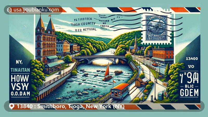Modern illustration of Smithboro, Tioga County, NY, showcasing Owego Riverwalk, Susquehanna River, Court Street Bridge, Iron Kettle Farm, and postal theme with ZIP code 13840.