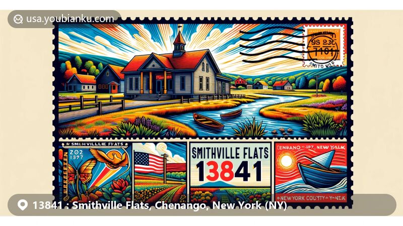 Modern illustration of Smithville Flats, Chenango County, New York, showcasing rural landscape and historic landmark Smithville Valley Grange No. 1397 in Greek Revival style, blending in modern postal elements with symbolic stamps and ZIP code 13841.