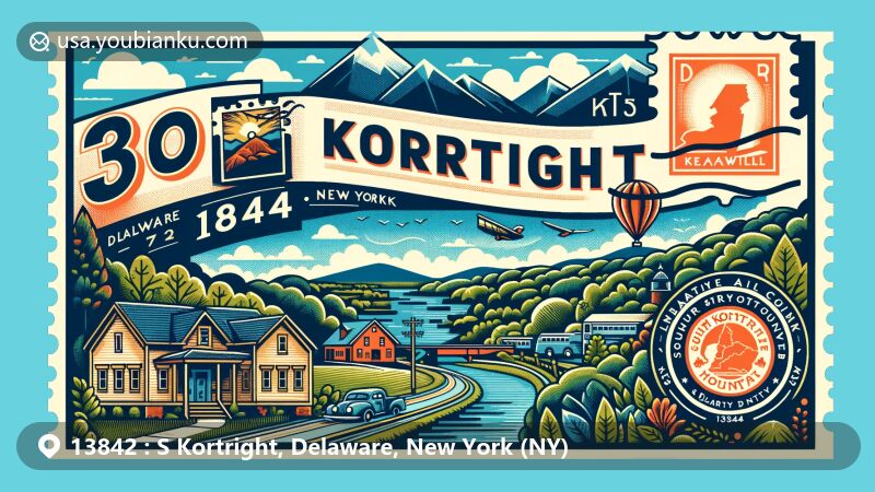 Modern illustration of South Kortright, Delaware County, New York, featuring Catskill Mountains, landmarks like McMurdy Hill and Mount Warren, vintage postal elements, and '13842 South Kortright, NY' postmark.