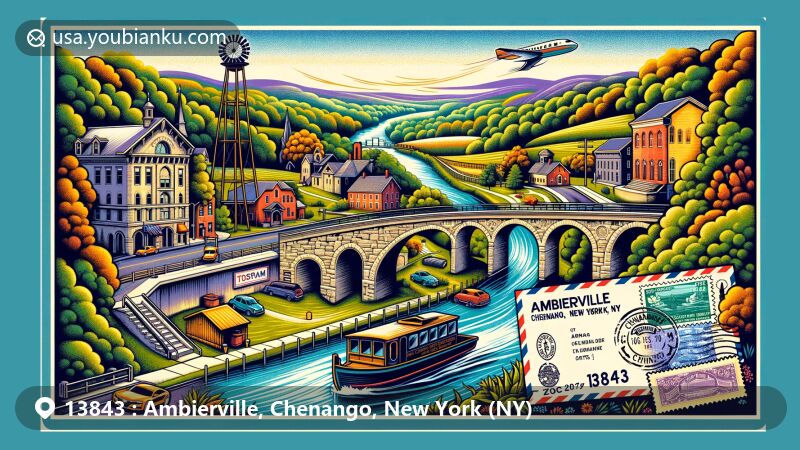 Modern illustration of Ambierville in Chenango County, New York (NY), featuring historic Chenango Canal with aqueducts and stone arches, modern cultural scene with Chenango Arts Council, and natural beauty of streams, valleys, and greenery, designed as a stylized postcard or air mail envelope with postal elements and ZIP code 13843.