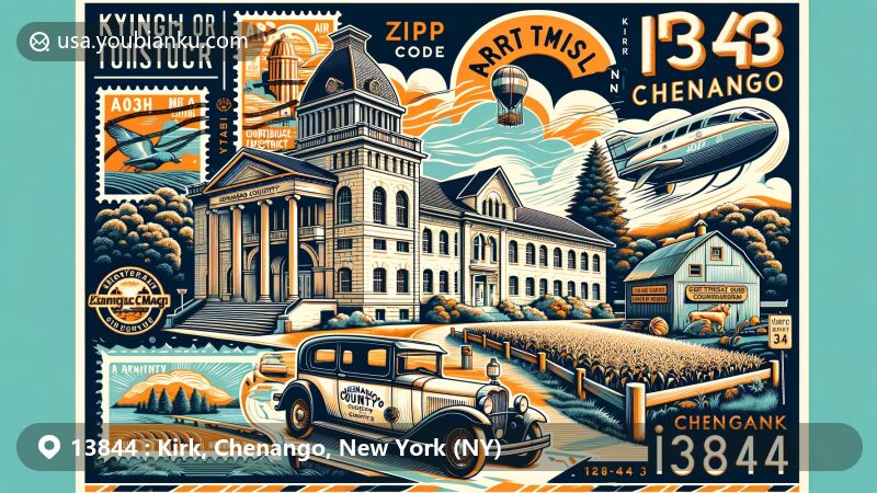 Modern illustration of Kirk, Chenango County, New York, featuring Chenango County Courthouse District, agritourism, and Northeast Classic Car Museum, enclosed in an air mail envelope design with local landmark stamps and Kirk, Chenango, NY 13844 postmark.