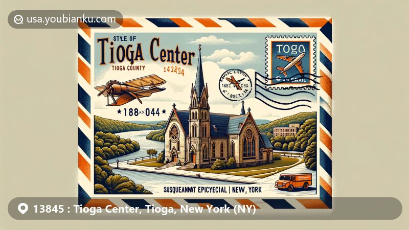 Modern illustration of Tioga Center, Tioga County, New York, showcasing vintage airmail envelope with historical First Methodist Episcopal Church, Susquehanna River, and postal elements like vintage stamp and postal truck, representing ZIP code 13845.