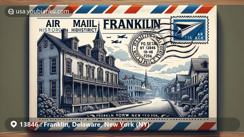 Modern illustration of Franklin Village Historic District, featuring 'Franklin, NY 13846' postmark on air mail envelope with 19th-century building silhouettes and iconic U.S. Postal Service stripes.
