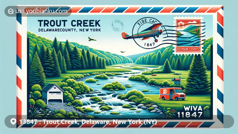 Modern illustration of Trout Creek, Delaware County, New York, featuring a creative air mail envelope design with lush greenery, a serene creek, stylized Delaware County location, vintage New York State flag stamp, and postal elements like a red mailbox, embodying postal theme.