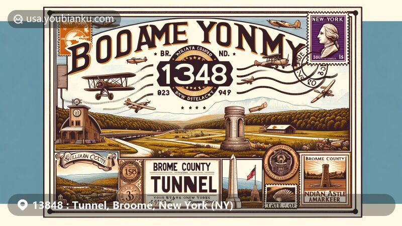 Modern illustration of Tunnel, Broome County, New York, showcasing vintage postcard theme with aviation-inspired envelopes, stamps, and prominent ZIP code 13848 postmark, featuring Broome County rural landscape, historical markers like Indian Castle, New York state flag, and Broome County map outline.