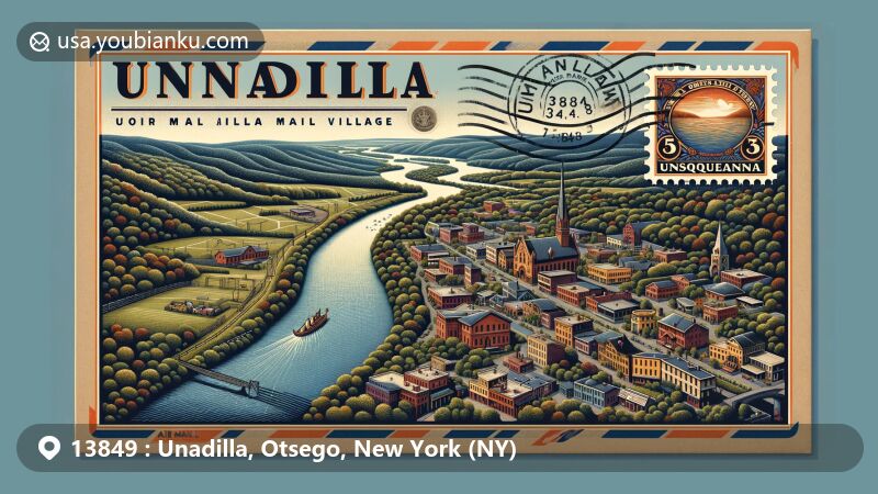 Modern illustration of Unadilla, Otsego County, New York, showcasing aerial view with Susquehanna River meandering through the village, historic architectural styles, ZIP Code 13849, and stylized postal stamp.