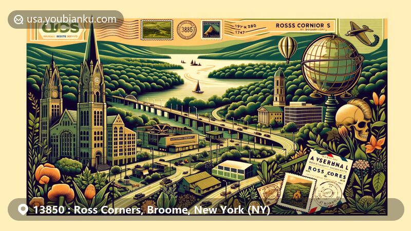 Modern illustration of Ross Corners, Broome County, New York, showcasing postal theme with ZIP code 13850, featuring Susquehanna River, Vestal Parkway, Kopernik Observatory & Science Center, Animal Adventure Park, and Cutler Botanic Garden flora.