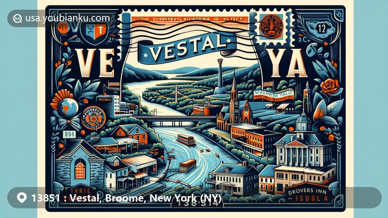 Modern illustration of Vestal, NY, showcasing vintage postcard design, ZIP code 13851, stamp, and postmark, featuring Rivercrest District, Rounds House, Drovers Inn, and Vestal Central High School.