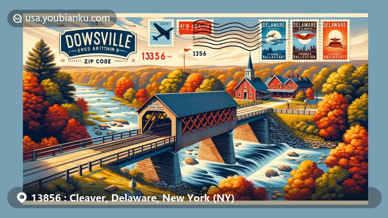 Modern illustration of Downsville Covered Bridge and Delaware and Northern Railroad Station in Delaware County, New York, showcasing postal theme with ZIP code 13856, featuring autumn scenery and iconic landmarks.