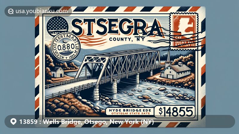 Vintage illustration of Wells Bridge area, Otsego County, New York, in a airmail envelope, showcasing postal and regional charm with Susquehanna River, Pratt Through Truss bridge, and Hyde Hall Covered Bridge, merging state symbols and postal elements.