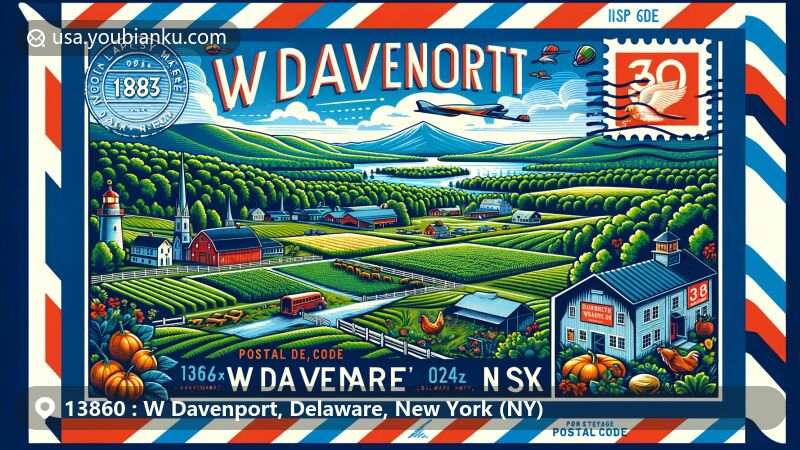 Modern illustration of W Davenport, Delaware County, New York, showcasing rural scenery with Catskill Mountains, green fields, and cultural elements like farms, wineries, and museums, resembling a wide-format postcard.