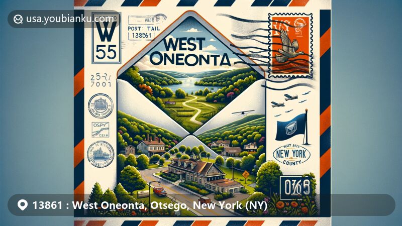 Illustration of West Oneonta, NY, showcasing tranquil landscapes and postal heritage on a vintage airmail envelope, featuring ZIP code 13861 and nods to New York state symbols.