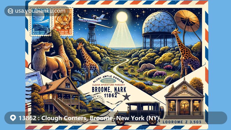 Modern illustration of Clough Corners, Broome County, New York, combining postal theme with attractions like Animal Adventure Park, Kopernik Observatory, Cutler Botanic Garden, and Binghamton Zoo at Ross Park. Design mimics an air mail envelope with '13862' ZIP code and antique postal car, capturing region's cultural and natural heritage.