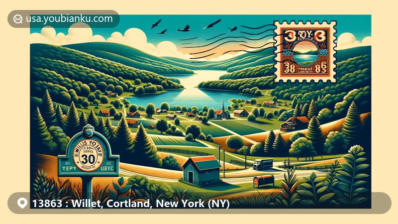Modern illustration of Willet, Cortland County, New York, showcasing countryside charm with artistic rendition of Ellis Lake, surrounded by rolling hills and lush forests, featuring vintage postage stamp with ZIP code 13863 and postal motifs.