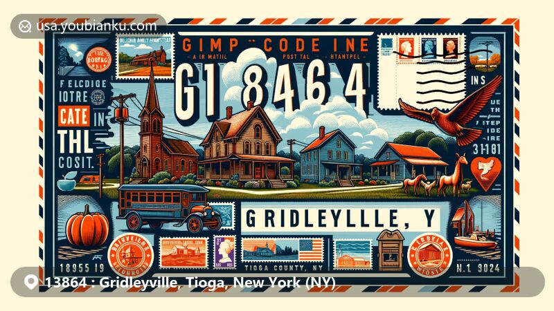 Modern illustration of Gridleyville, Tioga County, New York, featuring postal theme with ZIP code 13864, showcasing historical landmarks like Belcher Family Homestead and Farm, Bement-Billings House, and East Berkshire United Methodist Church.