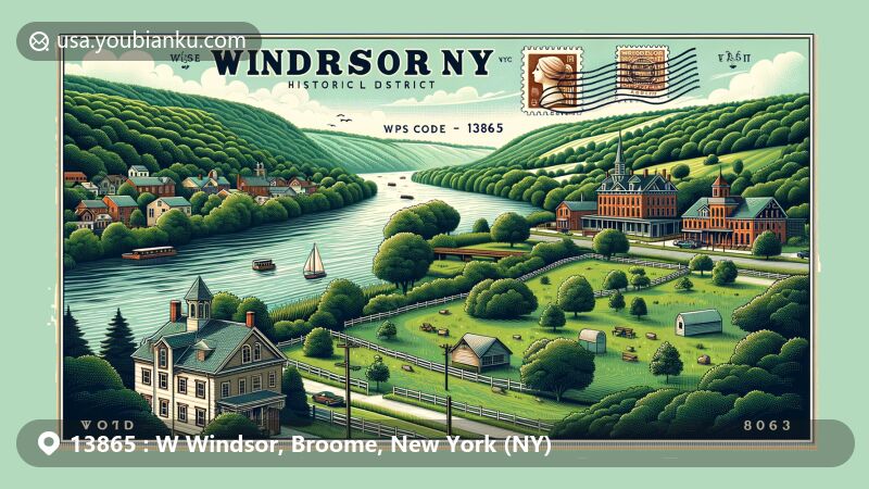 Modern illustration of Windsor, NY showcasing Susquehanna River, green hills, Windsor Village Historic District, and Village Green, incorporating postal theme with stamp, postmark, and ZIP code '13865', featuring mailbox and postal vehicle.