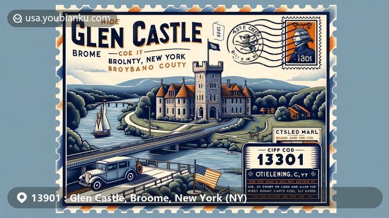 Modern illustration featuring Glen Castle in Broome County, New York, with a postal theme highlighting ZIP code 13901, incorporating historical landmarks like Castle Creek and Chenango River junction, Otsiningo, and site of the first court under an Elm tree in 1791.