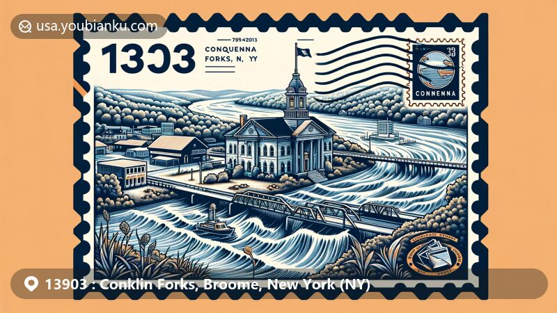 Modern illustration of Conklin Forks, Broome County, New York, depicting Susquehanna River and Conklin Town Hall, with New York state flag and Broome County outline in the background, featuring a stylized postage stamp symbolizing community resilience.