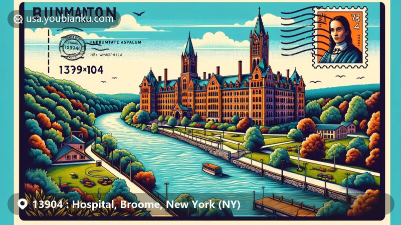 Modern illustration of Binghamton, New York, featuring ZIP code 13904, showcasing New York State Inebriate Asylum and scenic Susquehanna and Chenango Rivers meeting at Binghamton with riverfront greenways.