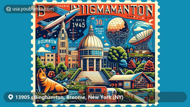 Modern illustration of Binghamton, New York, showcasing postal theme with ZIP code 13905, featuring Roberson Museum and Science Center, Animal Adventure Park, Kopernik Observatory and Science Center, Cutler Botanic Garden, and Binghamton Zoo at Ross Park.