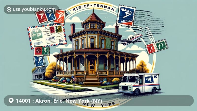 Modern illustration of Rich-Twinn Octagon House in Akron, New York, featuring postal theme with ZIP code 14001, showcasing airmail envelope, stamps, postmark, and mail truck.