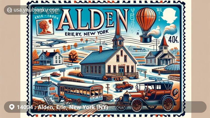 Modern illustration of Alden, Erie County, New York, showcasing postal theme with ZIP code 14004, featuring Alden Heritage Center and seasonal landscapes, including iconic historical symbols like pot-bellied stove and Studebaker buggy.