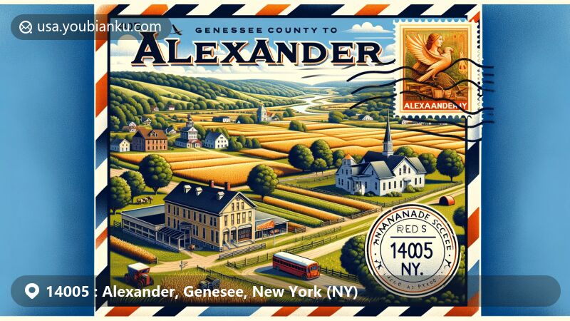 Modern illustration of Alexander, Genesee County, New York, featuring serene pastoral landscape with rolling hills, vintage air mail envelope addressed to 14005, postcard of Tonawanda Creek, and elements of local agriculture.