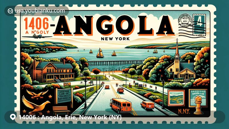 Modern illustration of Angola, Erie County, New York, showcasing postal theme with ZIP code 14006, featuring Lake Erie and elements representing the town's rich history and community spirit.