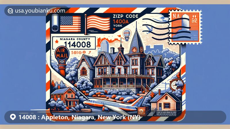Modern illustration of Appleton, Niagara County, New York, featuring Marjim Manor winery, vintage postal elements, and ZIP code 14008, capturing the area's charm and historical significance.