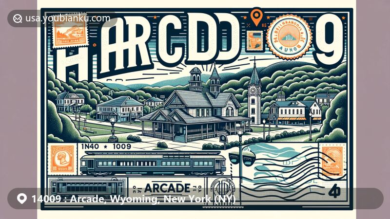 Modern illustration of Arcade, NY, portraying postal theme with ZIP code 14009, featuring Village Park, Gazebo, Letchworth State Park, and Arcade and Attica Railroad.