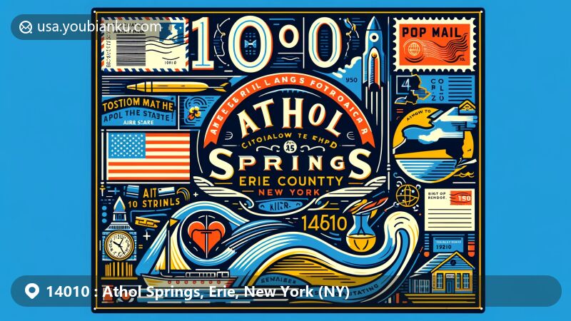 Modern illustration of Athol Springs, Erie County, New York, showcasing geographical features, including state flag, Erie County outline, and vintage postal elements with ZIP code 14010.