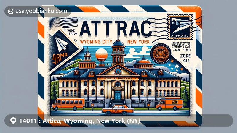Modern illustration of Attica, Wyoming County, New York, showcasing postal theme with ZIP code 14011, featuring Attica Correctional Facility and colonial revival style Attica Post Office building.