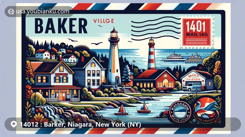 Modern illustration of Barker village, Niagara County, NY, highlighting postal theme with ZIP code 14012, featuring Golden Hill State Park's lighthouse and Lake Ontario, symbolizing rural charm, community spirit, and connection to natural beauty.