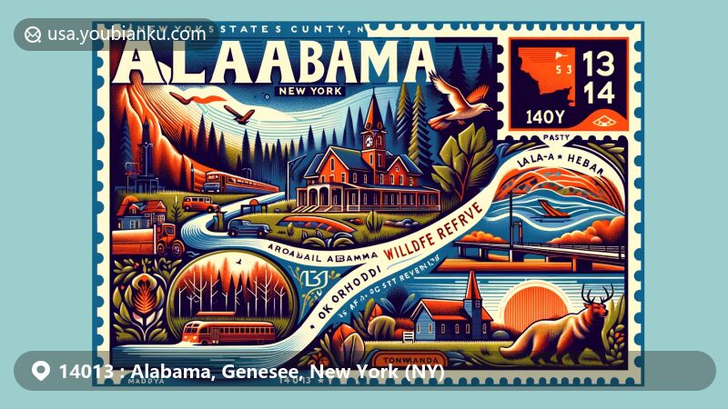 Modern illustration of Alabama, Genesee County, New York, depicting postal theme with ZIP code 14013, showcasing New York State Routes 63 and 77 intersection, Iroquois National Wildlife Refuge, Oak Orchard Wildlife Management Area, Tonawanda Reservation, and Alabama Museum.