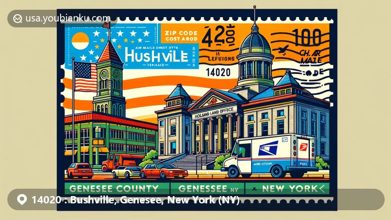 Modern illustration of Bushville, Genesee County, New York, with postal theme showcasing ZIP code 14020, featuring Genesee County Courthouse and Holland Land Office.
