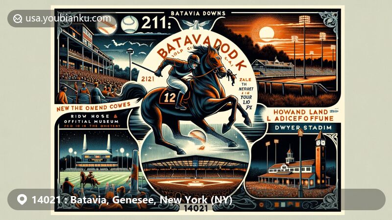 Creative depiction of Batavia, Genesee, New York (NY) area with highlights including Batavia Downs horse race, Holland Land Office Museum, Dwyer Stadium baseball game, and Devil's Rock, featured in a postal-themed postcard design with '14021' ZIP code.