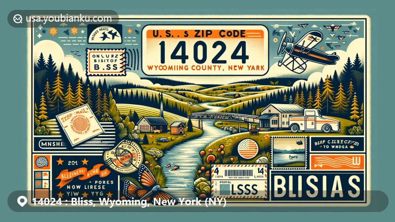 Modern illustration of Bliss, Wyoming County, New York, capturing rural landscape, Wiscoy Creek, and postal theme with ZIP code 14024, blending vintage air mail elements and natural beauty.