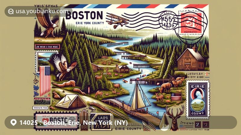 Modern illustration of Boston, Erie County, New York, with postal theme featuring air mail envelope, stamps, and postmark, showcasing Eighteen Mile Creek, Boston Forest County Park, early settlement, Native American heritage, hardwood forests, and wildlife like deer and bears.