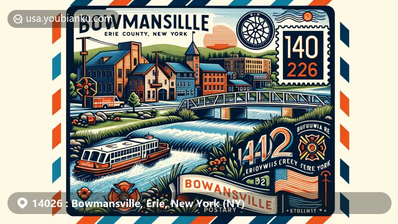 Modern illustration of Bowmansville, Erie County, New York, showcasing Genesee Street Bridge over Ellicott Creek, reflecting the town's historical significance and suburban charm in Buffalo metropolitan area.